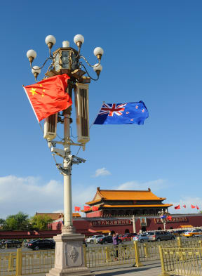 Chinese and New Zealand national flags flutter on a lamppost on the Tiananmen Square in Beijing, China.