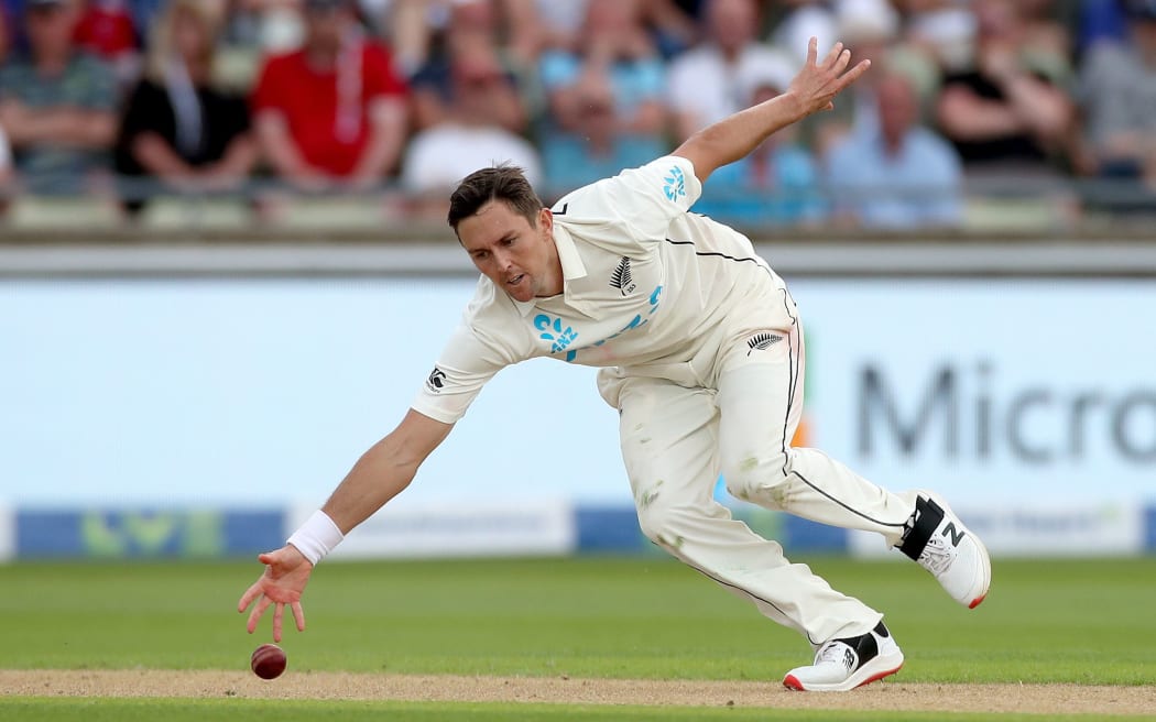 Trent Boult fields the ball 
New Zealand BlackCaps v England, Day 1 of the 2nd Test at Birmingham, England on Thursday 10th June 2021.
New Zealand in England Cricket Test Series 2021.