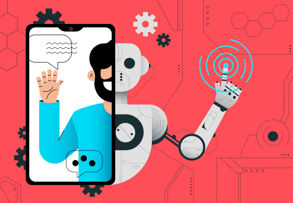 Illustration of chatbot appearing as half robot and half human on phone screen.