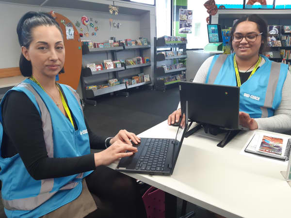 Phoebe Beech and Amy Dixon, digital coaches at Dinsdale Library in Hamilton.