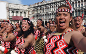 The Waka Huia performs a pōwhiri at St Mark's Square at the 2009 Venice Art Biennale.
