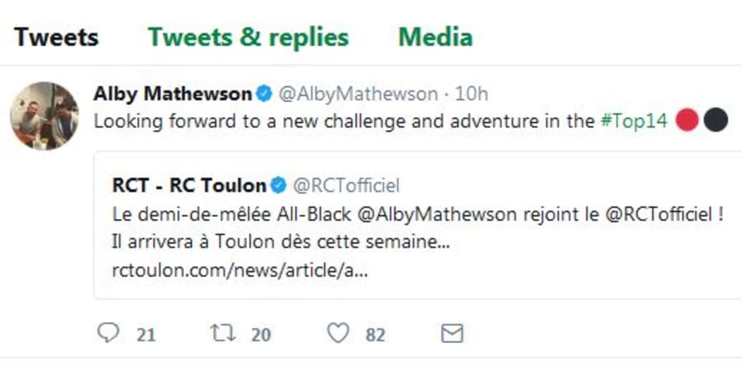 From King Country to Toulon for Alby Mathewson.