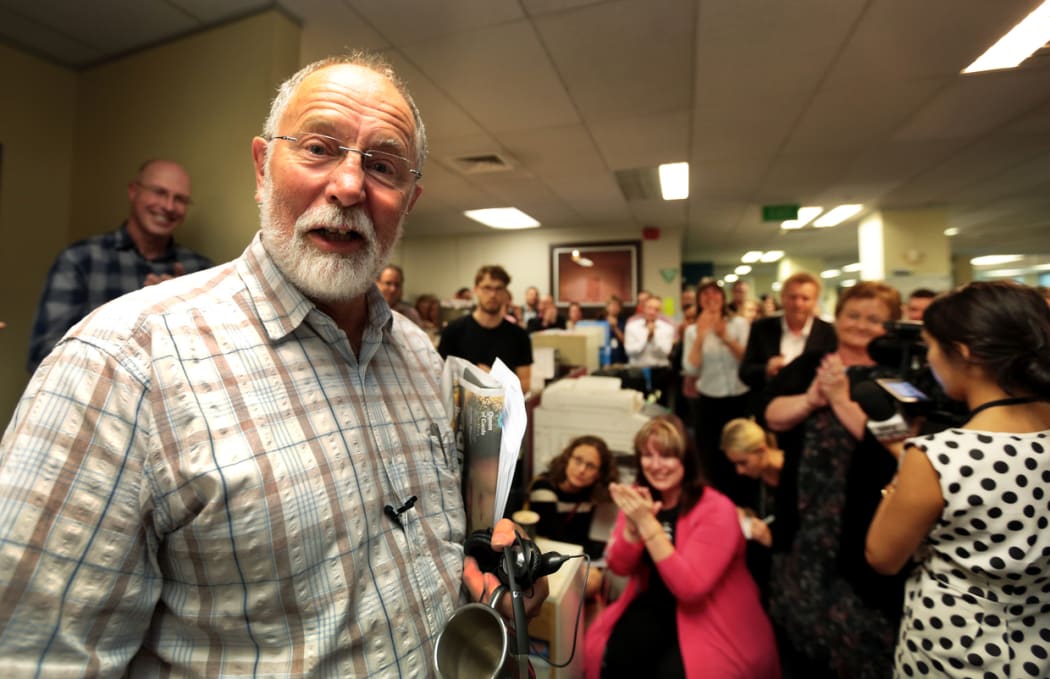 Geoff Robinson coming out of the studio after his last Morning Report.