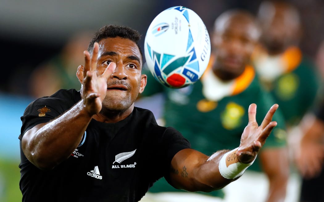 New Zealand wing Sevu Reece catches the ball during the match against South Africa.