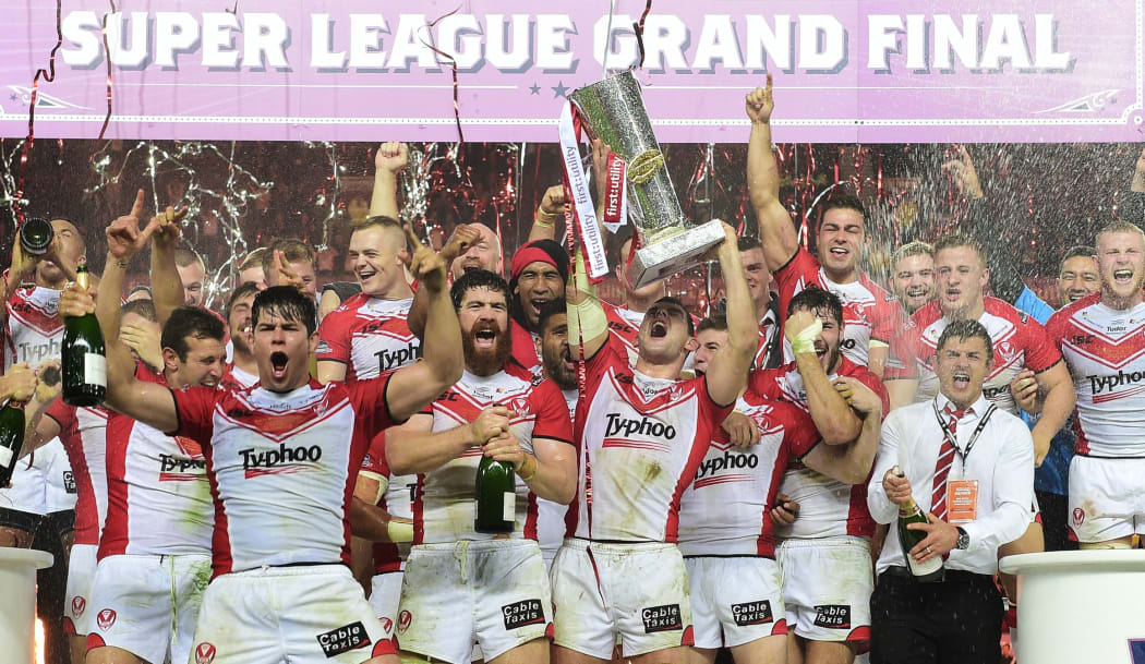 St Helens' players celebrate 2014 Super League win.