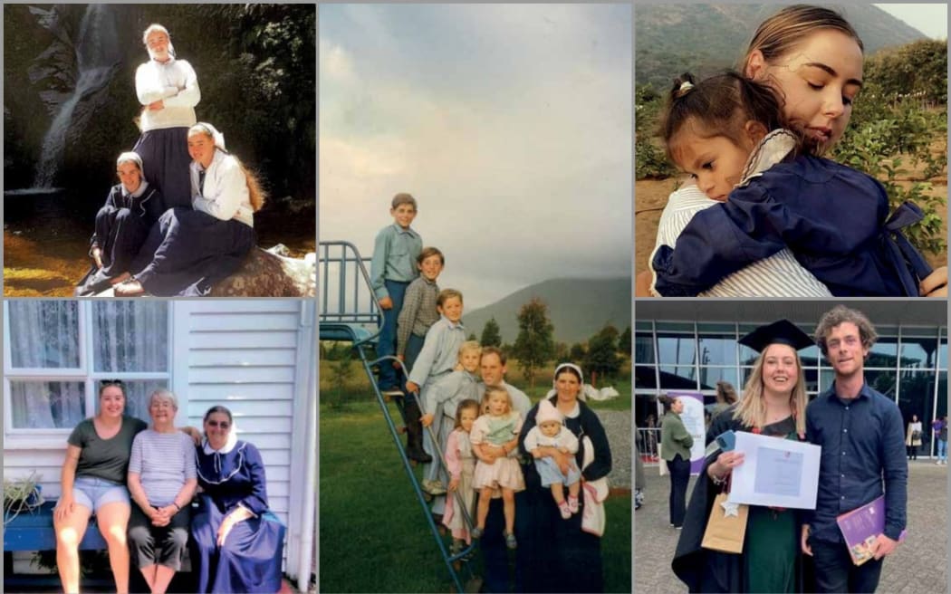 Images from top left: With friends at Gloriavale; with her grandmother and mother - the first time all three had been together. Middle: A family photo. Top right: Hugging her niece in India; with partner Kevin on her graduation day.