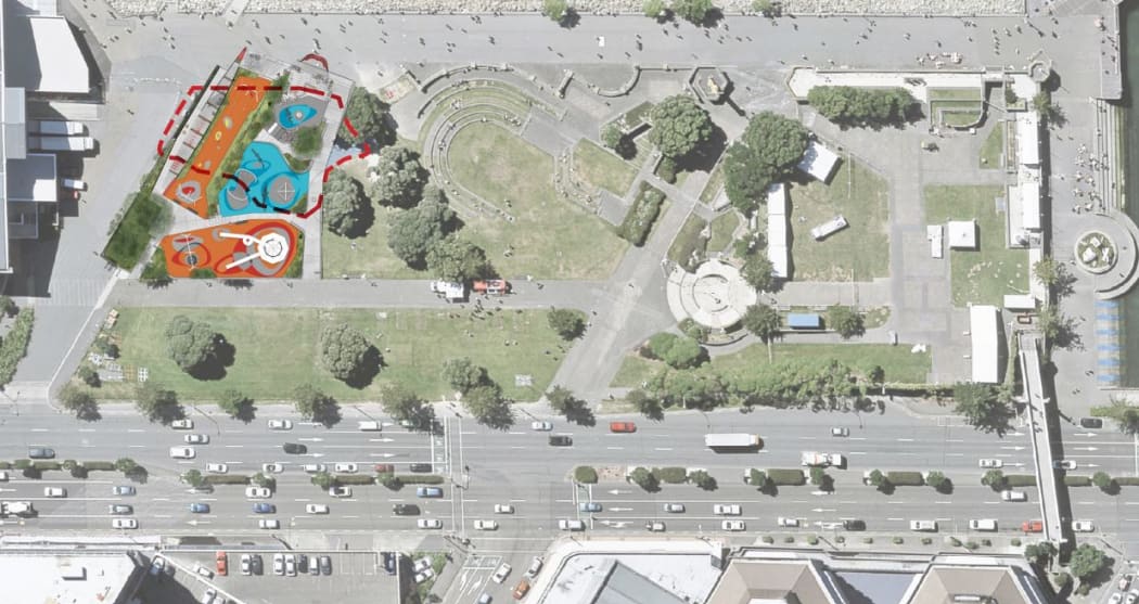 Bird's eye view of the plans for the restored Frank Kitts Park