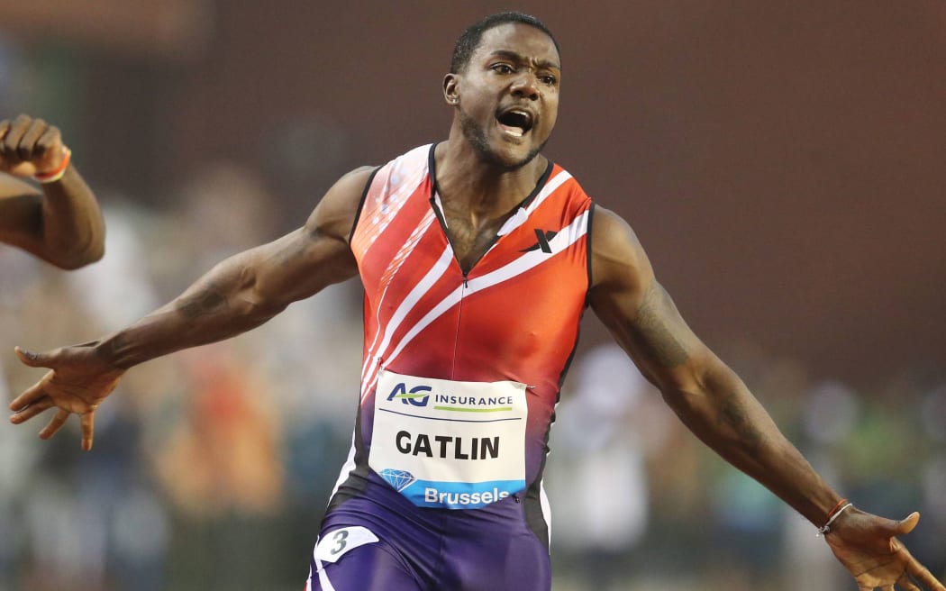 American Justin Gatlin celebrates his 100m win at the IAAF Diamond League Meeting, Belgium, 2014.
