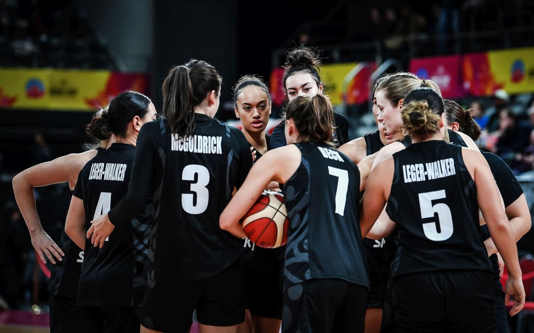 Tall Ferns team huddle during the FIBA Women's Asia Cup.