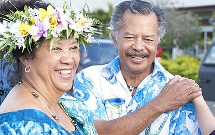 Akaiti Puna (left) with husband Henry Puna and former US Secretary of State Hilary Clinton in the Cook Islands, 2012.