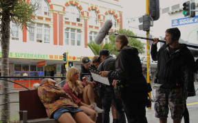 A film crew shooting for the K Rd Stories short film series.