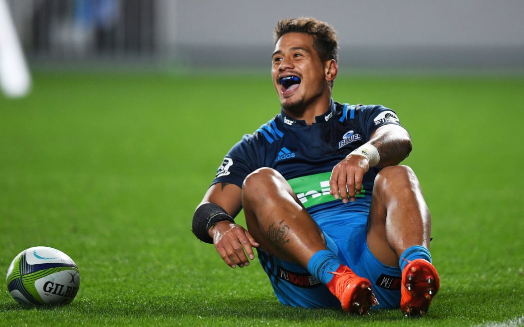 Augustine Pulu celebrates his try against the Cheetahs at Eden Park.
