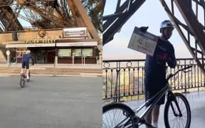 Aurélien Fontenoy cycles up the Eiffel Tower's 686 steps