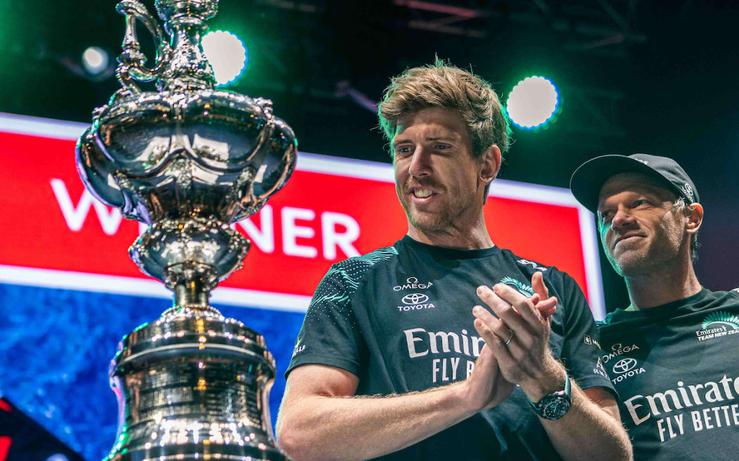 Emirates Team New Zealand celebrates winning the Louis Vuitton 37th America’s Cup in Barcelona, Spain.