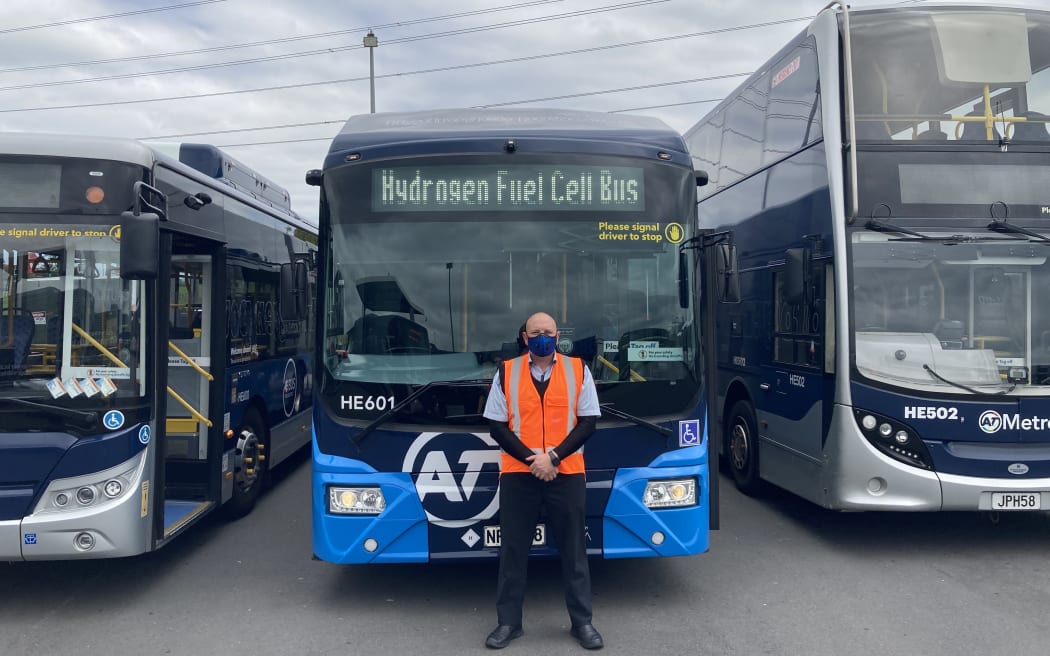 Bus driver Shayel Johnston in front of the Southern Hemisphere's only hydrogen powered bus.