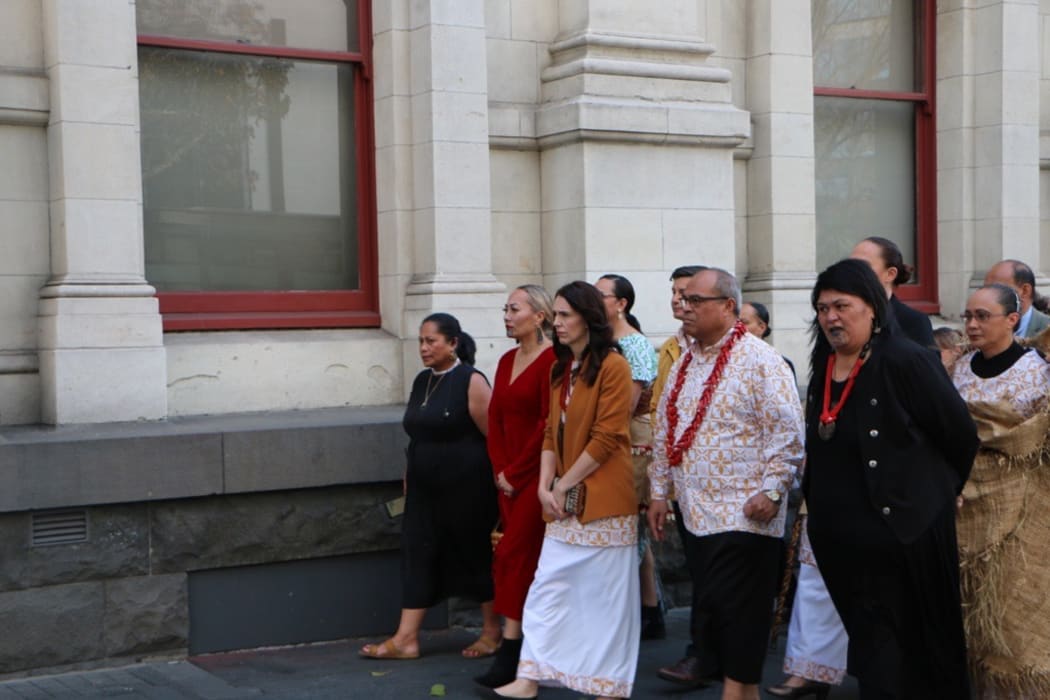 Prime Minister Jacinda Ardern arrives at Town Hall Minister of Pacific Peoples, Aupito William Sio (R) and next to him is the Minister of Foreign Affairs and Trade, Nanaia Mahuta.