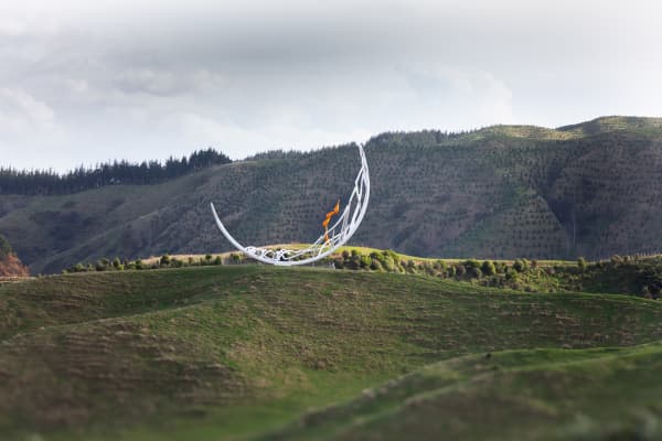 Giant sculptures by Neil Dawson (white feather) and Phil Price (orange kinetic work) as seen from Transmission Gully on The Morgan's land and soon to be public art trail.