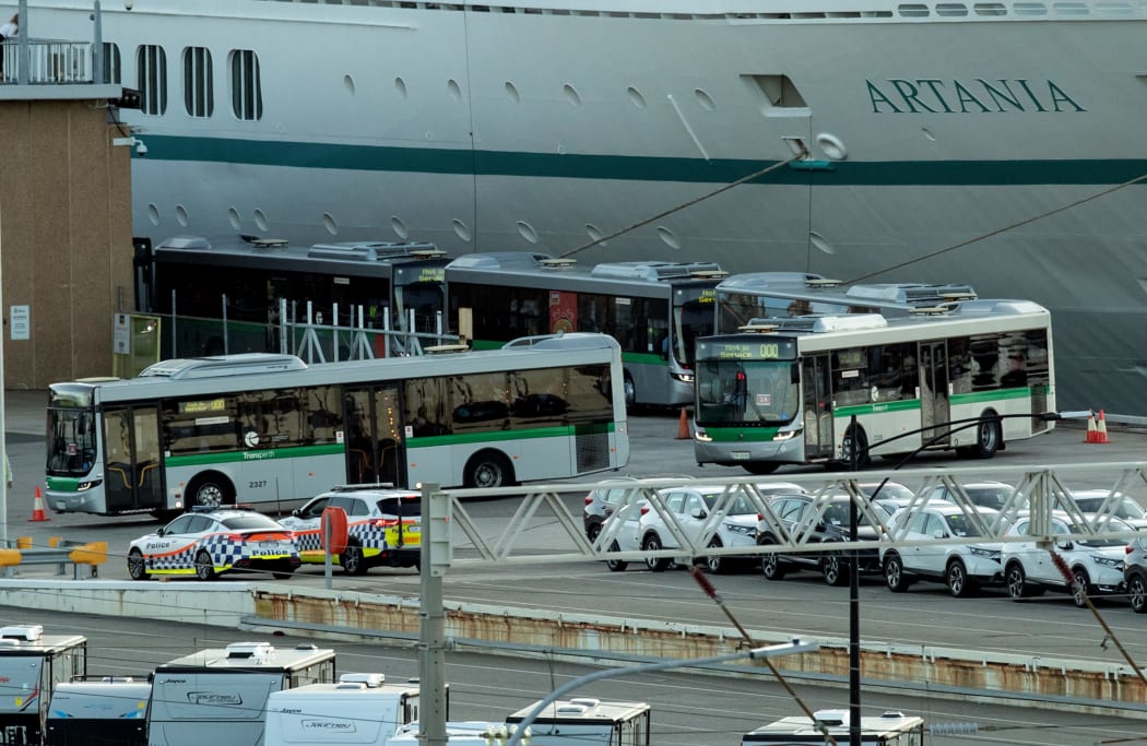 Passengers from the COVID-19 infected cruise ship MV Artania berthed at the port of Fremantle are transferred with a police escort to Perth International Airport to be transported to Germany on March 29, 2020.