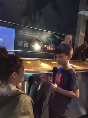 Noelle McCarthy and Sam Cousins discuss the colossal squid at Te Papa, Wellington