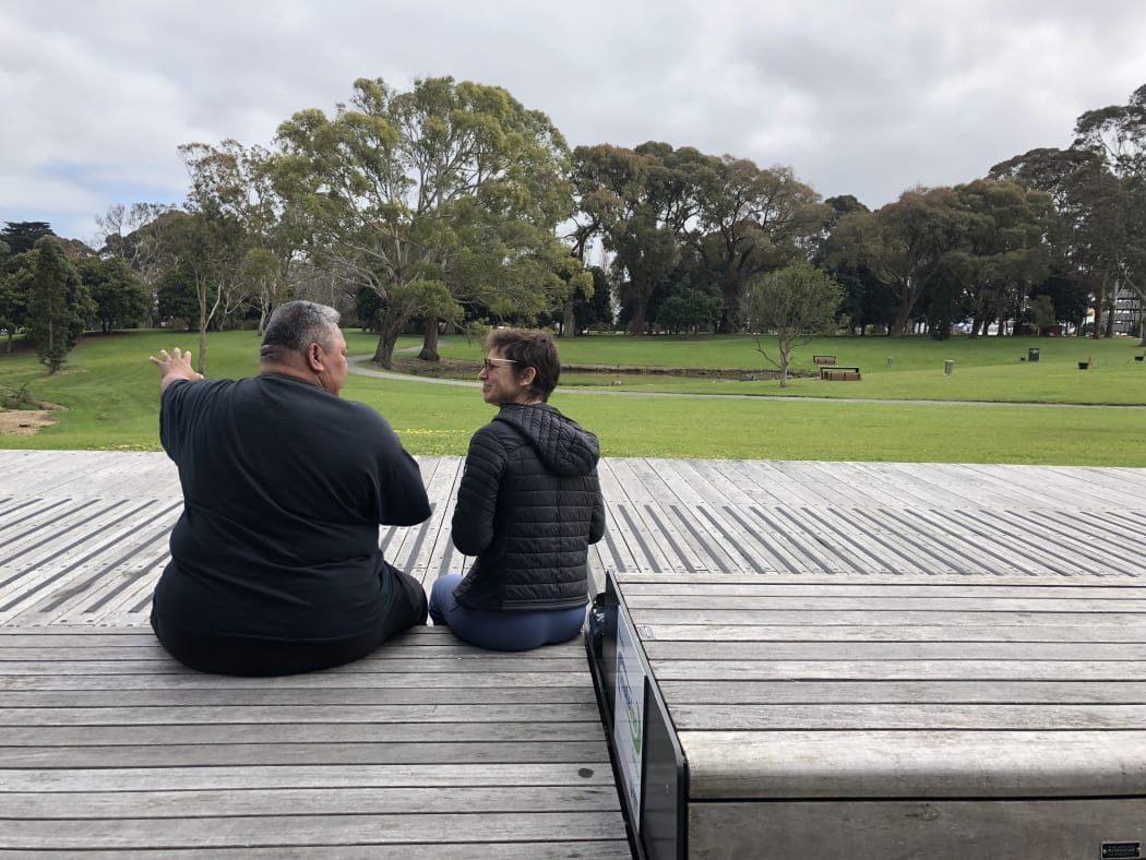 Filipaina pointing to the space at Hayman Park allocated for Te Papa Manukau