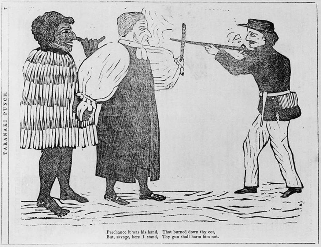 An 1860 Taranki Punch cartoon shows Bishop George Selwyn intercepting a soldier who is trying to shoot a Maori with his rifle.The caption reads: "Perchance it was his hand, that burned down thy cot, But, savage, here I stand, Thy gun shall harm him not."