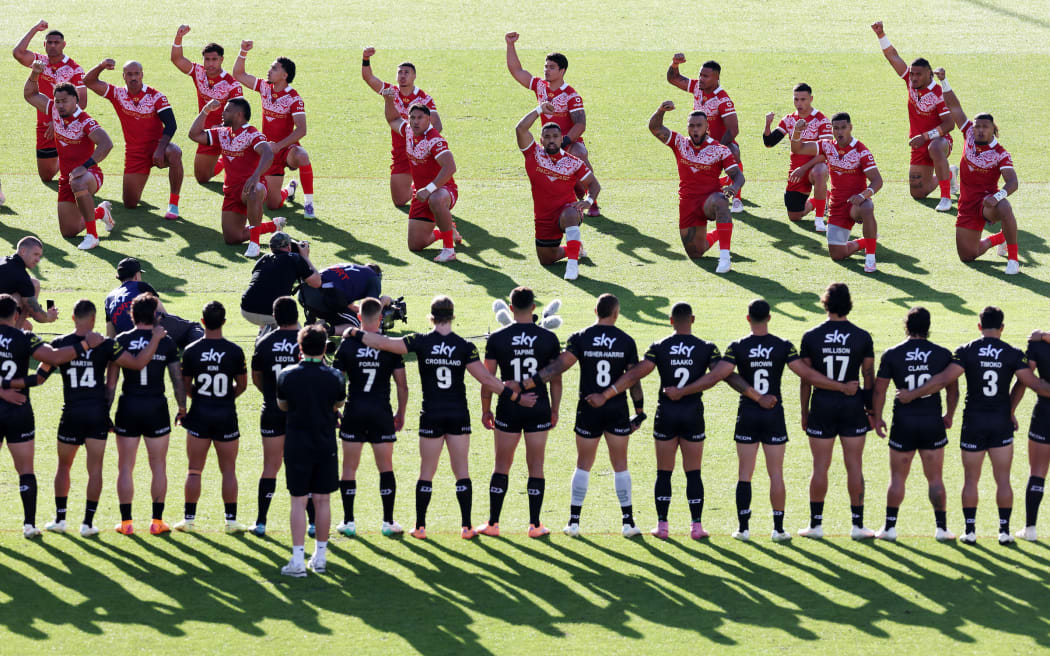 The cultural challenge during New Zealand Kiwis v Tonga XIII, round 3 of the Pacific Championships at Eden Park, Auckland.