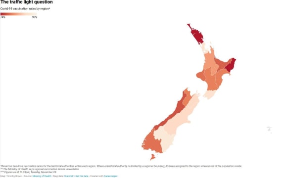 Covid-19 vaccination rates by region. Based on two dose vaccination rates for the territorial authorities within each region. The Ministry of Health says regional vaccination data is unavailable. Figures as of 11.59pm, 23 November.