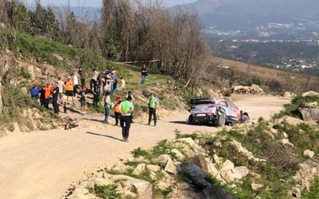 Hayden Paddon's car lies in a state of disrepair in the Rally of Portugal.