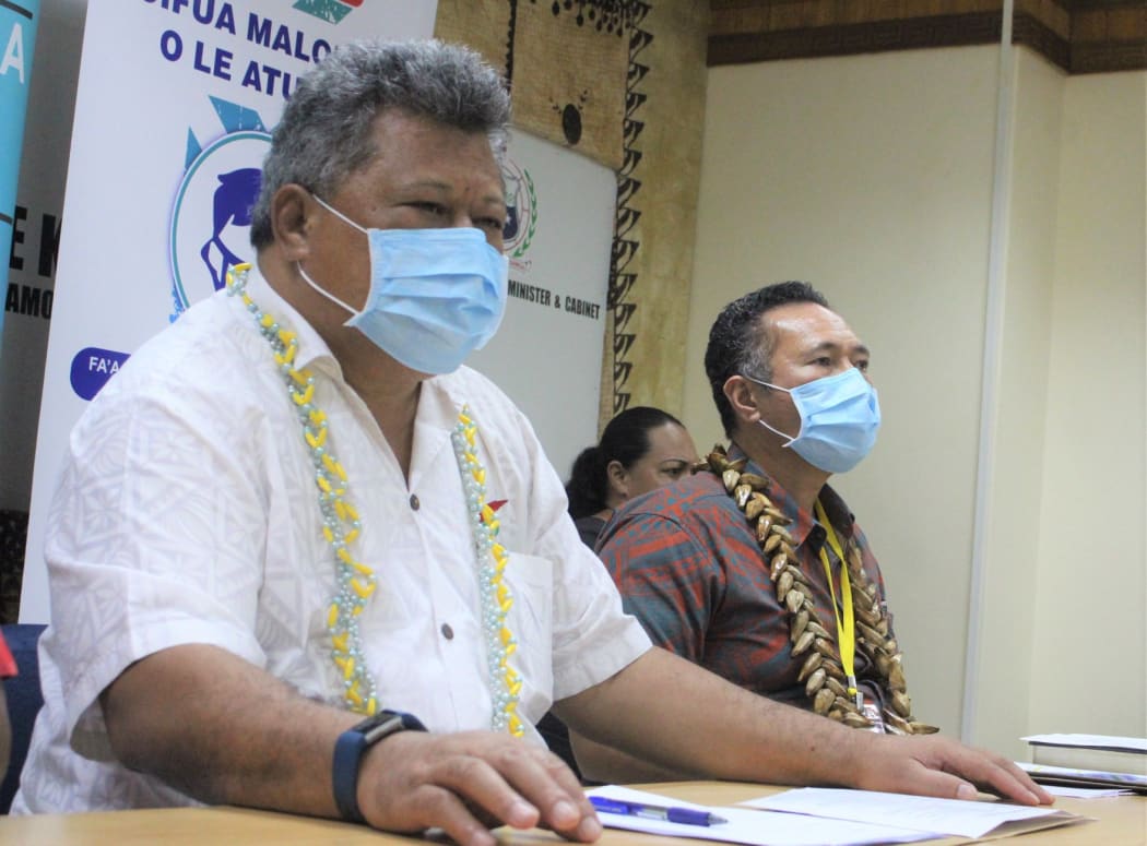 Samoa Health Director Leausa Dr Take Naseri, left, and Agafili Tomaimano Shem Leo, chair of the National Emergency Operation Centre.