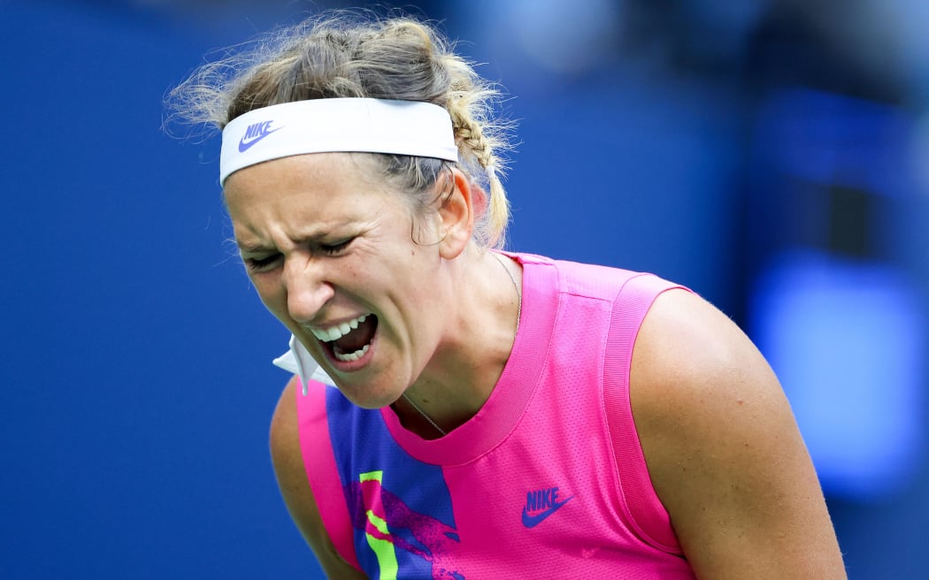 NEW YORK, NEW YORK - SEPTEMBER 12: Victoria Azarenka of Belarus reacts in the third set during her Women's Singles final match against Naomi Osaka of Japan on Day Thirteen of the 2020 US Open at the USTA Billie Jean King National Tennis Center