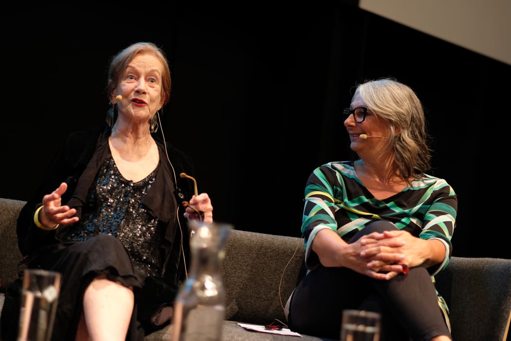Artist Jacqueline Fahey and Dr Claire Robinson speaking on a panel at City Gallery Wellington