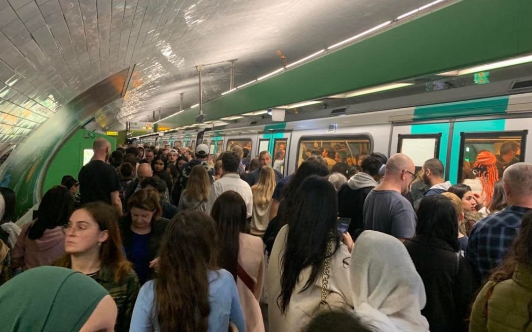 A crowded Paris metro before the All Blacks v Ireland Rugby World Cup match on 14 October 2023.