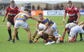 Bay of Plenty halfback Luke Campbell clears against Canterbury during the Mitre 10 Cup match against Bay of Plenty played at Tauranga Domain in Tauranga on Saturday 24 October 2020.