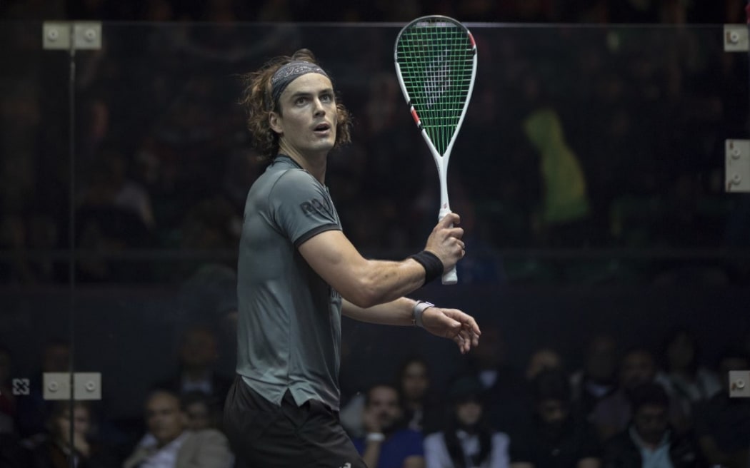 Paul Coll, from New Zealand plays in the CIB Egyptian Squash Open 2019 in Cairo.