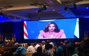 US vice-president Kamala Harris talking via video link to the Pacific Islands Forum in Suva