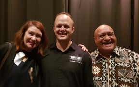 Hastings Mayor Sandra Hazlehurst, Taurus Taurima and Hastings District Councillor Henare O’Keefe celebrate at the ceremony last night.