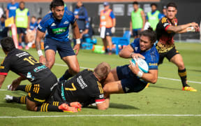 Blues Caleb Clarke goes over to score a try during the Super Rugby Paci?c rugby match between the Blues and the Chiefs at Eden Park