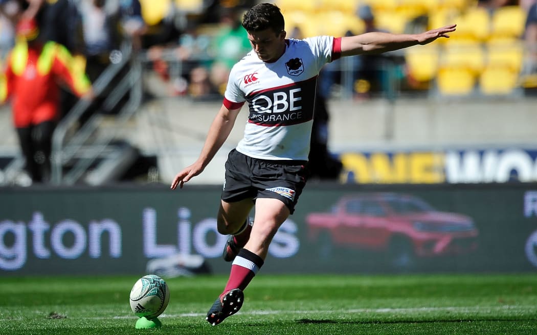 North Harbour's Bryn Gatland kicks a conversion during the semi final.