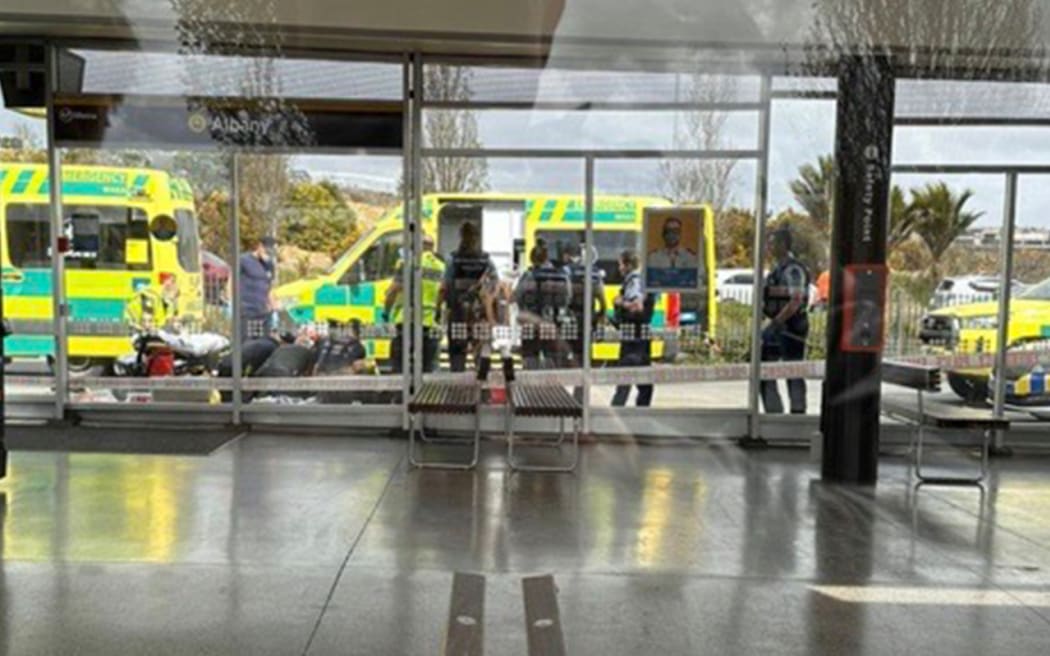 Ambulances and emergency services respond to an incident at Albany Bus Station, North Shore, Auckland on 18 September, 2023.
