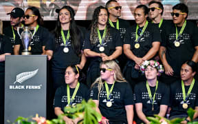 Black Ferns on stage at Te Komititanga Square in Auckland to thank fans after their World Cup final win.