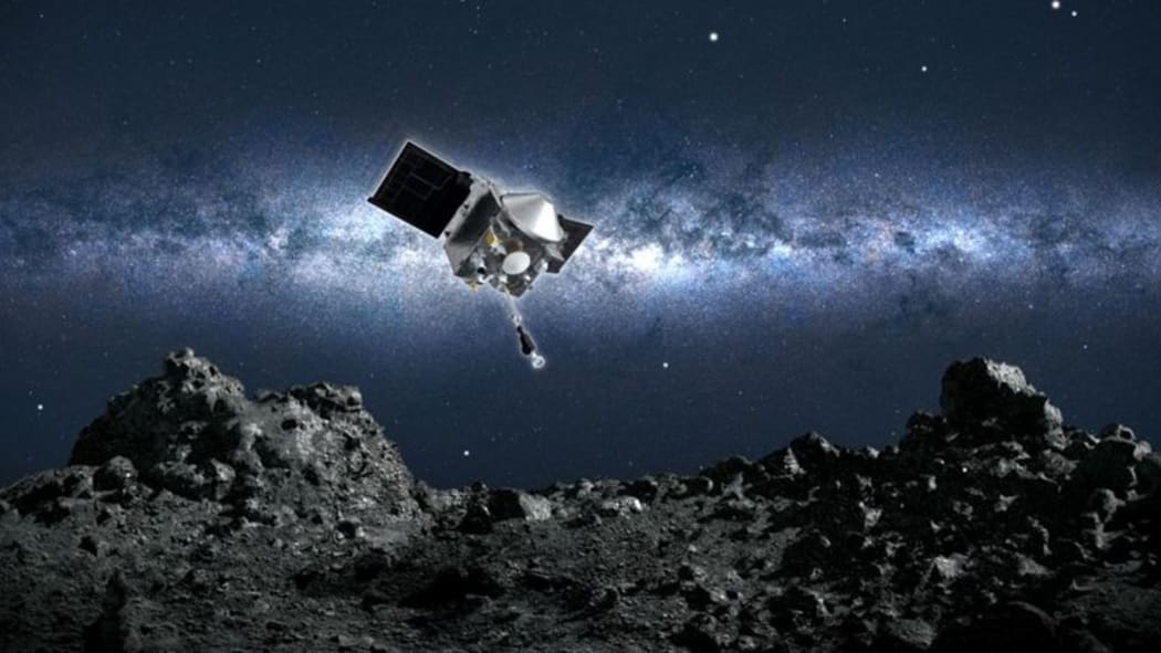 Artwork: Osiris-Rex approaching the surface of Asteroid Bennu.