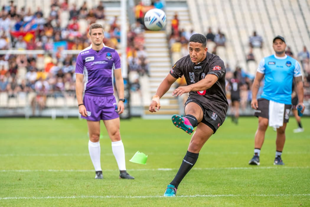Brandon Wakeham converts another try for the Fiji Bati.