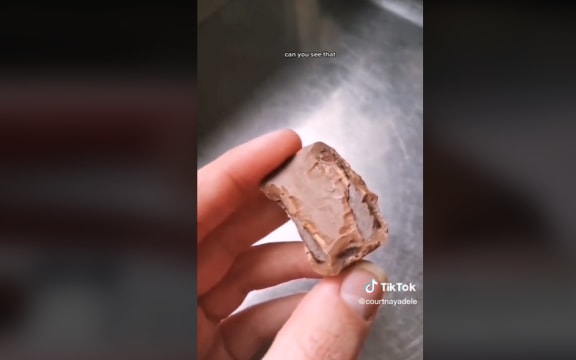 A screenshot of a TikTok video. A close-up of a hand holding a chocolate that has been bitten into. There is a stainless steel bench in the background. Small text reads CAN YOU SEE THAT.