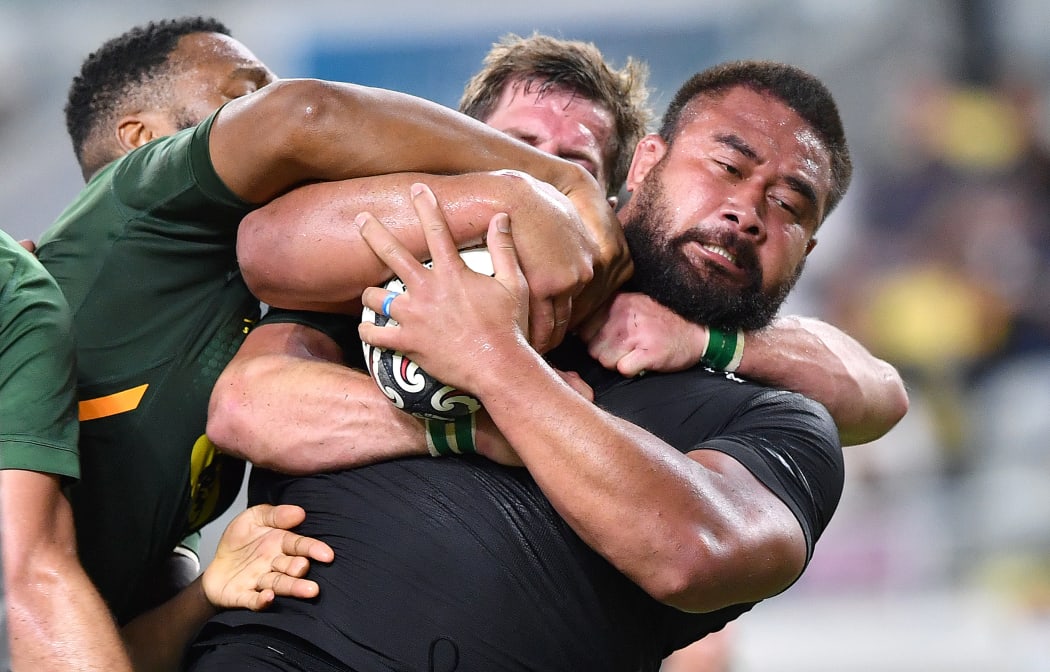 Nepo Laulala (right) of the All Blacks in action during the Rugby Championship Round 5 match between New Zealand All Blacks and South Africa Springboks at Queensland Country Bank Stadium in Townsville, Saturday, September 25, 2021. (AAP Image/Darren England/ www.photosport.nz
