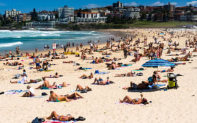 A packed Bondi Beach on a summer's day, Sydney, New South Wales, Australia, Pacific