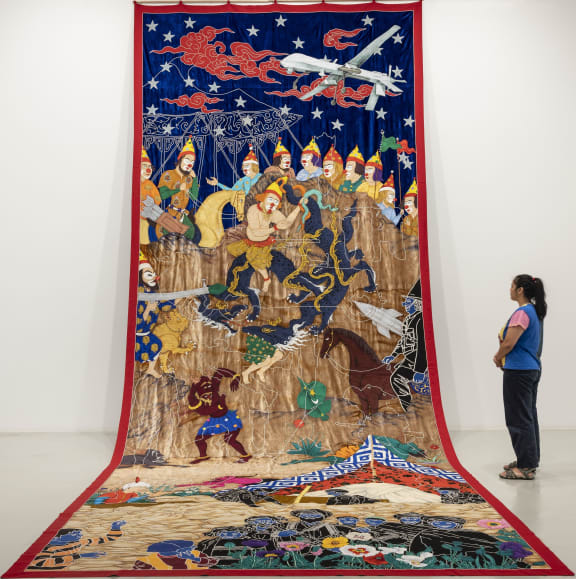 Khadim Ali / Untitled 1 2021 / Courtesy of the artist and Milani Gallery, Brisbane. The original tapestry that was recovered after the artisans had to flee Afghanistan.