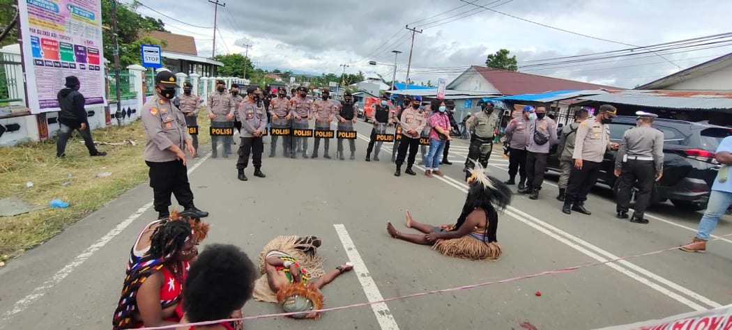 A demonstration by West Papuans against the Indonesian government's plans for Special Autonomy provisions for their region, Manokwari, 15 July 2021