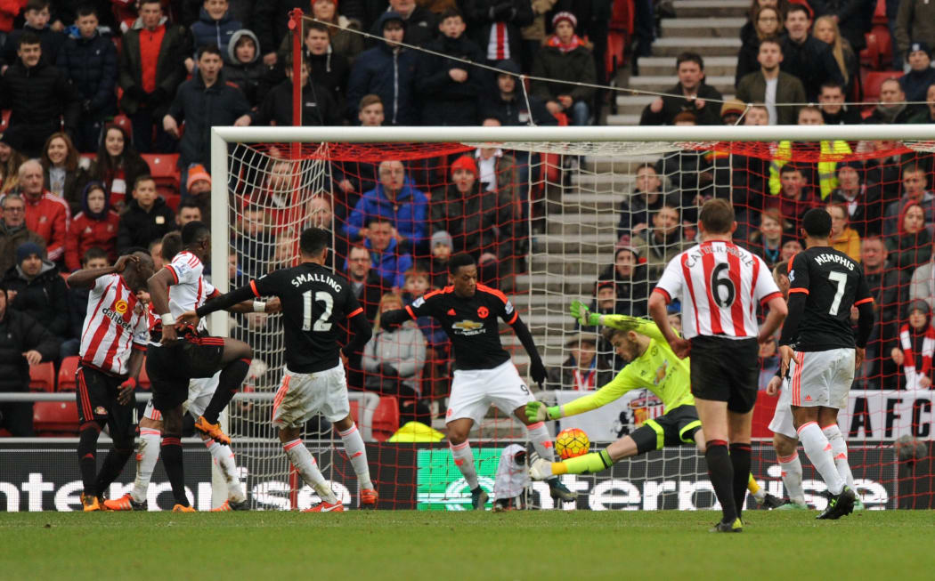Lamine Kone of Sunderland scores their second goal during their Premier League win over Manchester United played at Stadium of Light, Sunderland, on February 13, 2016 - Photo Richard Lee / BPI / DPPI