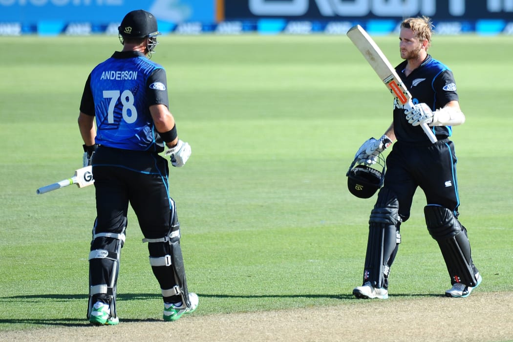 The Black Cap Kane Williamson celebrates his one-day international century against Sri Lanka in Nelson.
