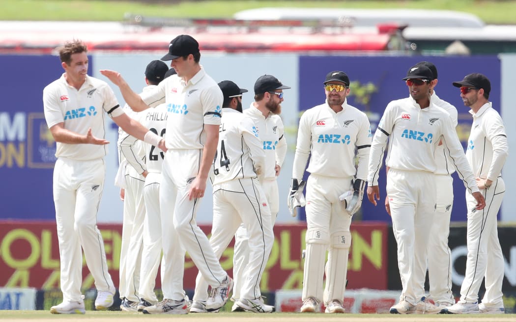 Tim Southee and team mates celebrate a wicket against Sri Lanka in Galle.